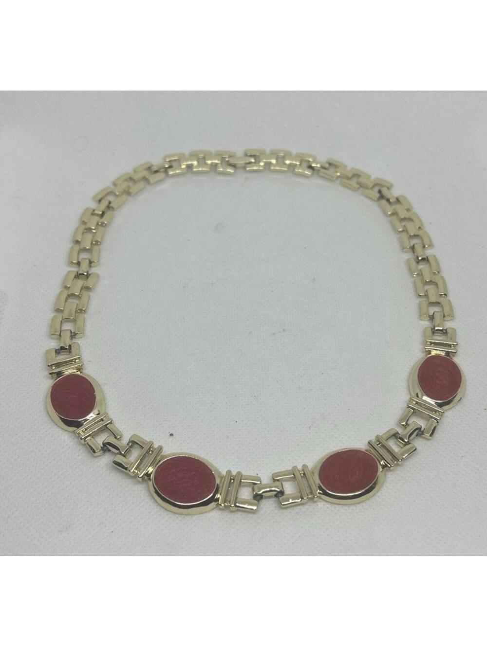 Vintage Gold Tone Red Cabochon Link Necklace Statement Choker Retro
